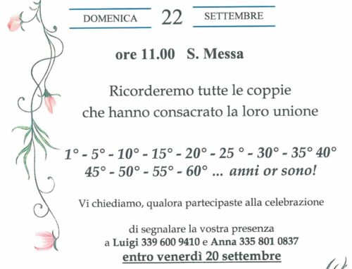 LESA – FESTA DEGLI ANNIVERSARI DI MATRIMONIO – S. MESSA (domenica 22 settembre – ore 11.00)